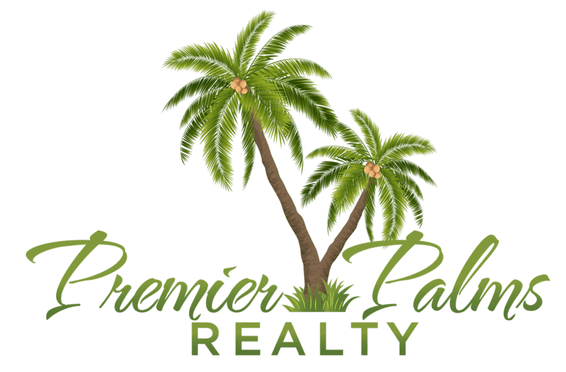 A palm tree with the words premier palms realty in front of it.